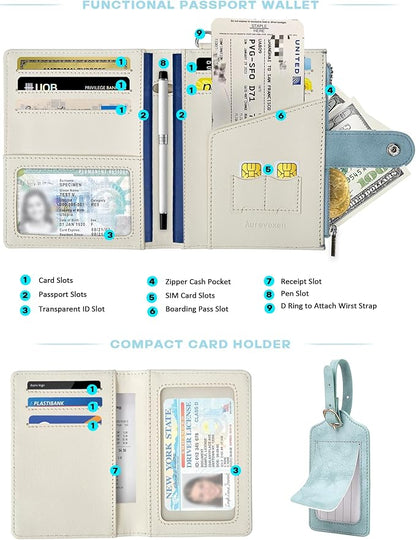 Passport Wallet for Travel, Luxury Vegan Leather RFID Blocking Passport Holder & luggage tag for Women Men, Wristlet Wallet with Zipper Pocket, Couple Travel Essentials