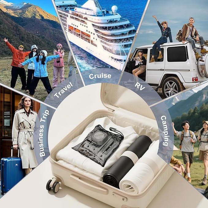 6 Pack Foldable Travel Hangers with Clips & Adjustable Clothesline, Portable Collapsible Hangers with Storage Bag for Suitcase, Hotel, RV, Cruise Essentials Set (Grey)