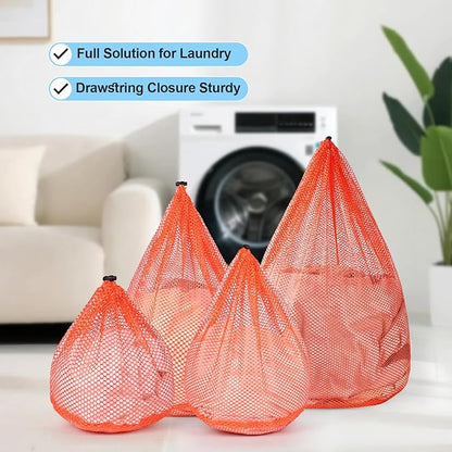 4Pcs Mesh Laundry Bags Washing Machine Mesh Wash Bags for Clothes,Underwear,Lingerie, Bed Linen with Drawstring Closure Sturdy(4 Size, Orange)