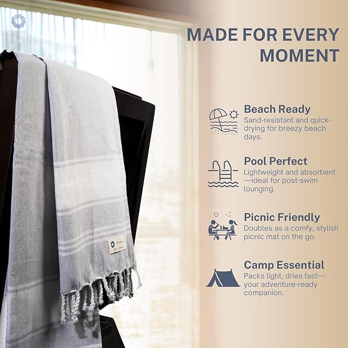 Cotton Turkish Beach Towel Towels Oversized 36"x72" Pool Absorbent Extra Large Quick Dry Sand Travel Towel (Light Grey, 4 Pack)