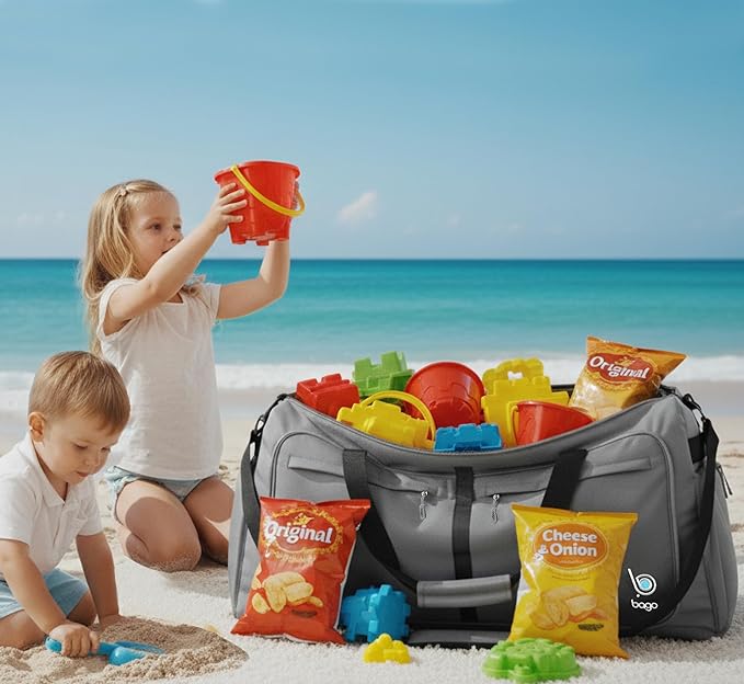 Bago Large Foldable Duffel Bags for Traveling Women & Men - 100L Packable Duffle Bag for Travel with Shoe Compartment - Water Repellant, Heavy Duty, Lightweight Folding & Collapsible (SnowGray)