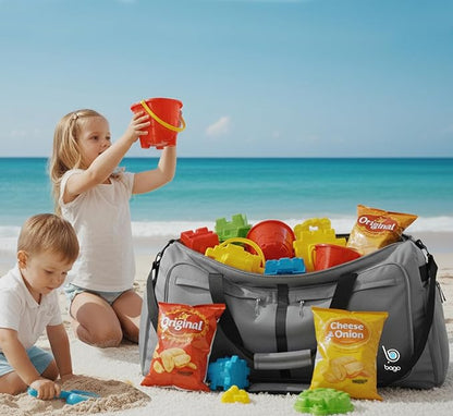 Bago Large Foldable Duffel Bags for Traveling Women & Men - 100L Packable Duffle Bag for Travel with Shoe Compartment - Water Repellant, Heavy Duty, Lightweight Folding & Collapsible (SnowGray)