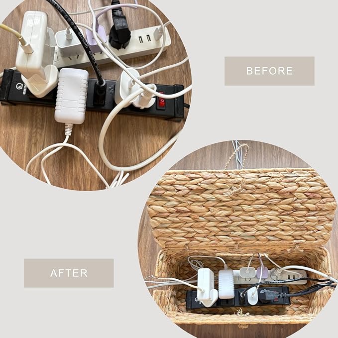 Wicker Cable Management Box with Lid, Set of 2 Handwoven Water Hyacinth Cords Hider Boxes for TV, Computer, Router, USB Hub to Hide Cords & Power Strip for Desk, Floor, Office