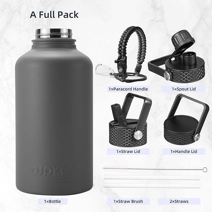 BJPKPK Half Gallon Insulated Water Bottles with Straw Lid, 64oz Large Water Jug, Stainless Steel Bottles with 3 Lids and Paracord Handle, Thermo for Hot & Cold Liquid, Gray