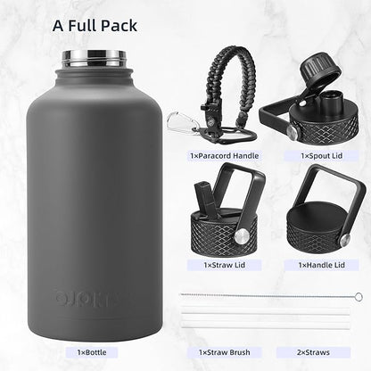 BJPKPK Half Gallon Insulated Water Bottles with Straw Lid, 64oz Large Water Jug, Stainless Steel Bottles with 3 Lids and Paracord Handle, Thermo for Hot & Cold Liquid, Gray