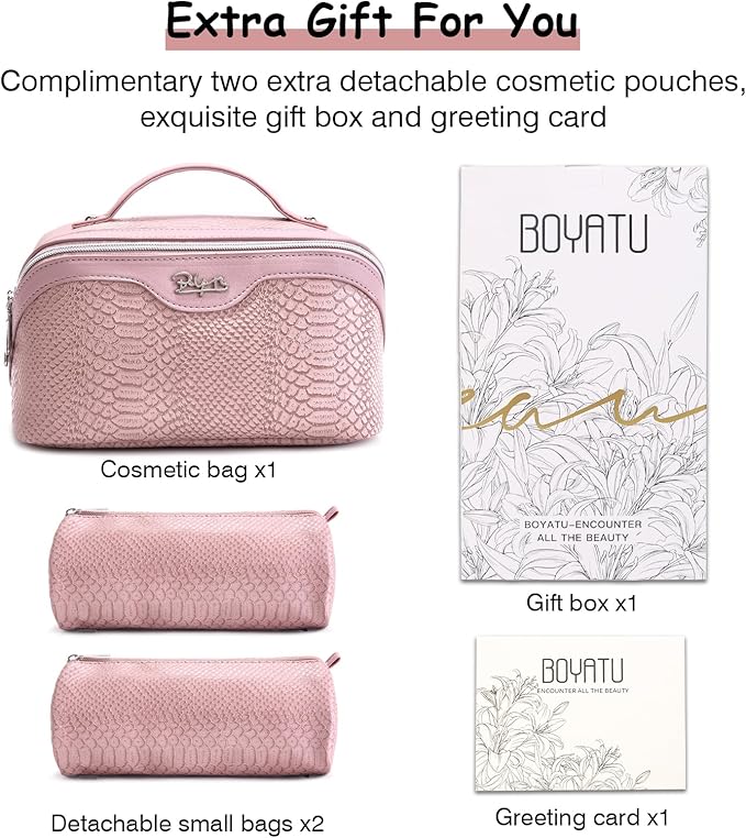BOYATU Travel Makeup Bags for Women: 3 Pcs Set Wide Open Cosmetic Bag - Portable Make up Bags with Handle - Vegan Leather Toiletry Organizer Bag with Divider (G-02-Pink)