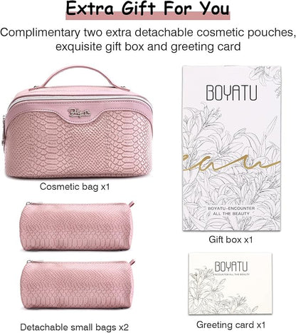 BOYATU Travel Makeup Bags for Women: 3 Pcs Set Wide Open Cosmetic Bag - Portable Make up Bags with Handle - Vegan Leather Toiletry Organizer Bag with Divider (G-02-Pink)