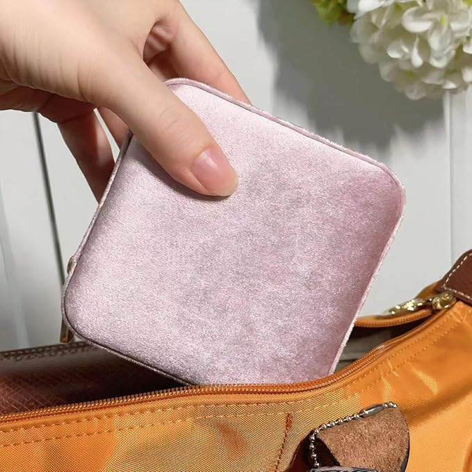 Velvet Jewelry Box, Small Travel Jewelry Organizer, Portable Jewelry Case for Women with Mirror, Pink Mini Plush Travel Box