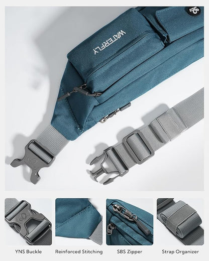 WATERFLY Small Crossbody Fanny Pack: 5 Pocket Slim Lightweight Waist Belt Hip Bag for Women Men Water Resistant Chest Pouch for Travel Hiking Running Walking Fit All Phones - Peacock Blue