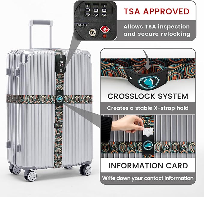 Travelkin Luggage Straps TSA Approved - Adjustable Cross Suitcase Straps with TSA Lock, Reinforced Buckle, Unique Pattern - Secure Heavy Duty Luggage Straps for Travel (Geometry)