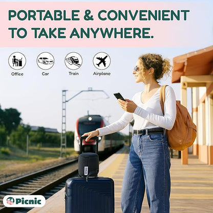 Picnic Neck Pillow for Traveling | 100% Pure Memory Foam Travel Pillow for Airplanes, Car & Office | Ergonomic Support with Adjustable Clasp, Eye Mask & Compact Travel Bag | Perfect for Relaxation