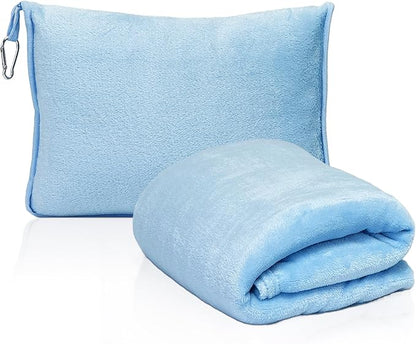 2-in-1 Convertible Travel Blanket & Pillow-Ultra Soft, Compact & Packable with Hand Luggage Sleeve and Backpack Clip for Flight & Car,Light Blue
