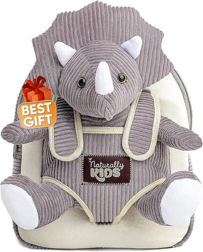 Naturally KIDS Small Dinosaur Backpack - Triceratops Dinosaur Toys for Kids 3-5 - Toddler Backpack for Boys & Girls - Grey Plush Stuffed Animal