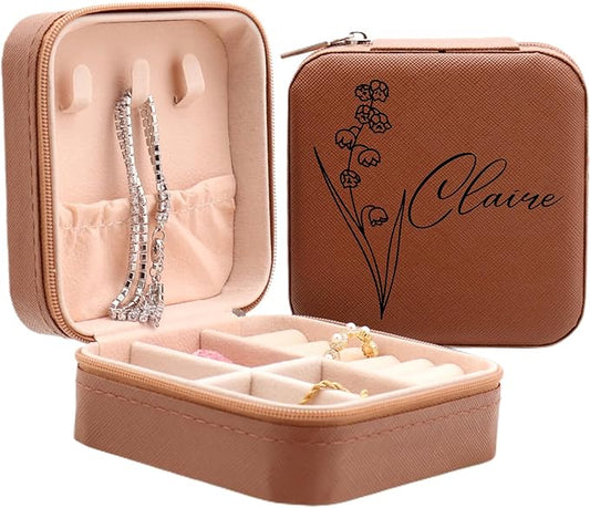 Personalized Leather Jewelry Box with Name and Birth Flower Month - Custom Jewelry Travel Case for Women, Mom, Nana, Children - Custom Name and Birth Flower Month Jewelry Organizer Box (Brown)
