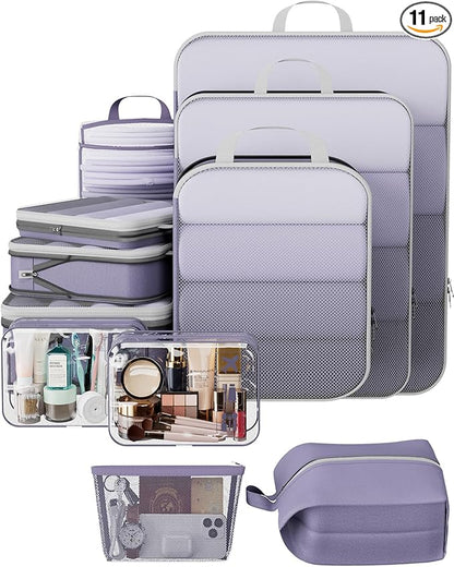 Veken 11 Set Compression Packing Cubes for Travel Essentials,Compressible Expandable Large Luggage Suitcase Organizer Bags for Clothing,Durable Space Saver Storage Bags with Toiletry Bags(Purple Gray)