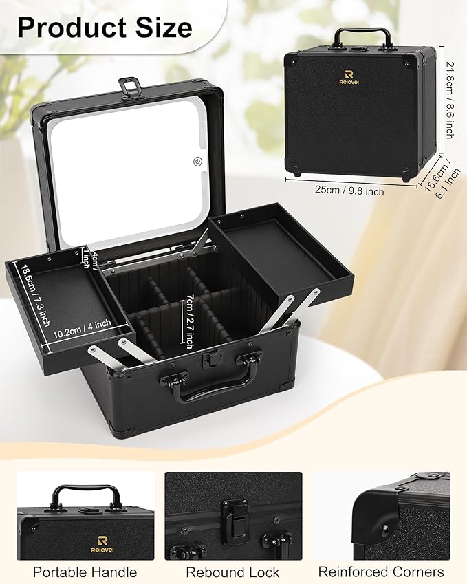 Chomeiu Makeup Bag with Mirror, Travel Train Case Large Cosmetic Organizer with 2 Trays and Vanity Mirror with LED Lights, Brush Holder Storage Box Suitcase for Nail Kits Cosmetics Craft, Black