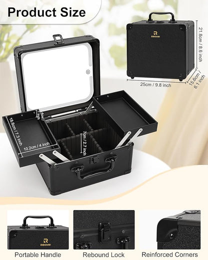 Chomeiu Makeup Bag with Mirror, Travel Train Case Large Cosmetic Organizer with 2 Trays and Vanity Mirror with LED Lights, Brush Holder Storage Box Suitcase for Nail Kits Cosmetics Craft, Black