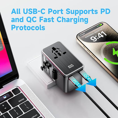 Minthouz Universal Travel Adapter, International 100W Power Adapter GaN Fast Charger with 2 USB-C PD, 1 USB-C Cable &A Ports, All-in-One Portable AC Power Plug Adapter for USA EU UK AUS