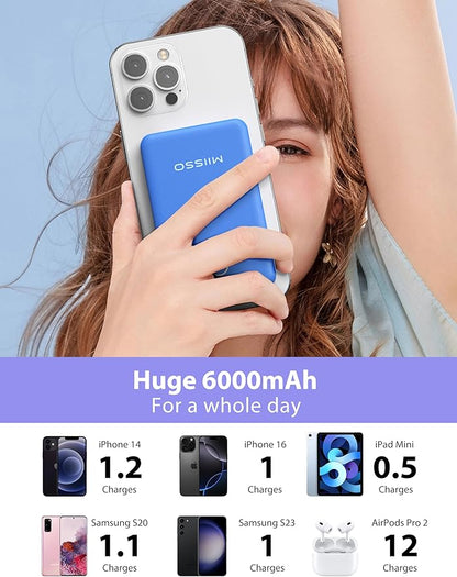 miisso 6000mah Ultra Slim Built in Cables Power Bank, Card Size Built in USB C Cords Battery Pack Portable Charger for Phones, 3 Output External Battery Pack Compatible with iPhone, Deep Blue
