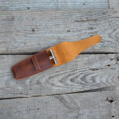 JJNUSA Old Fashioned Sleeve Travel Pouch Leather Safety Razor Case, Double Edge Razor 4.5", Shaving Accessories, Personal Care Essentials, Men's Shaving Razor Brown