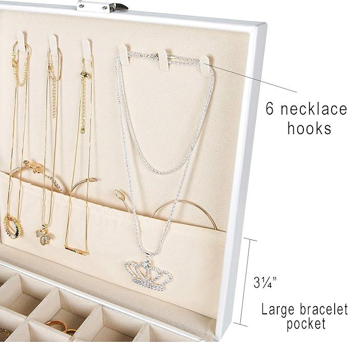 Frebeauty Earring Organizer Classic Jewelry Box 50 Slots Double Layer Jewelry Storage Case with 6 Necklace Hook and Bracelet Pocket(Pearl White)