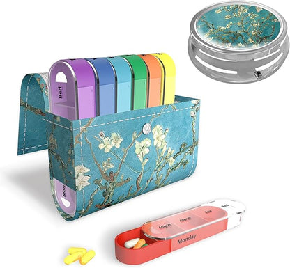 Pill Organizer Pill Box,LIZIMANDU Weekly Travel Pill Case Box Medication Reminder Daily AM PM,Day Night 7 Compartments,for 4 Times A Day,7 Days a Week-Includes Leather Carrying Case(Peach Blossom Set)