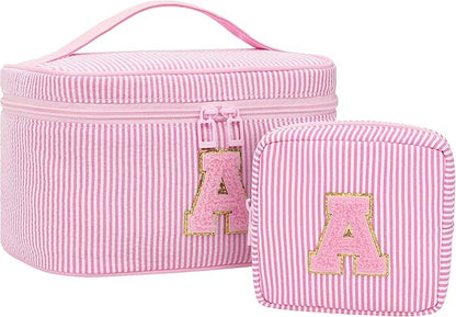 MONSTINA Initial Makeup Bags for Women|Cosmetic Bag for Travel Toiletry - Birthday Gifts for 11 12 13 14 15 16 17 18 Years Old Girls- Graduation Teen Girl Gifts Trendy Stuff Teacher Gift,Pink S