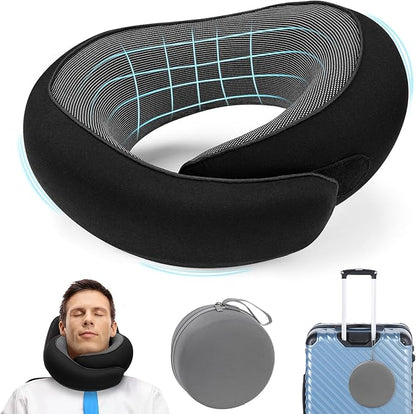 Travel Pillow for Airplane, Neck Pillow 100% Memory Foam with Comfortable Support for Long Flights, Cars, Trains Office & Home with Storage Box(Black)