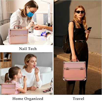 Makeup Train Case, Portable Makeup Case with Mirror, 2-Trays Cosmetic Organizer Case,Nail Polish Organizer, Travel Makeup Box, Profesional for Salon Barber, Rose Gold