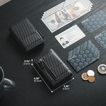 VULKIT Card Holder Bifold Pop Up Leather Wallet for Men RFID Blocking Metal Card Case, Holds 9 Cards and Banknotes Carbon Fiber Black