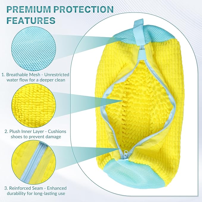 Shoe Washing Machine Bag, 2PCS Reusable Shoe Bag for Washing Machine, 360° Deep Cleaning Shoe Washing Bag for Sneakers, Laundry Shoe Bag for Washer & Dryer, Fits All Shoe Types (Yellow)