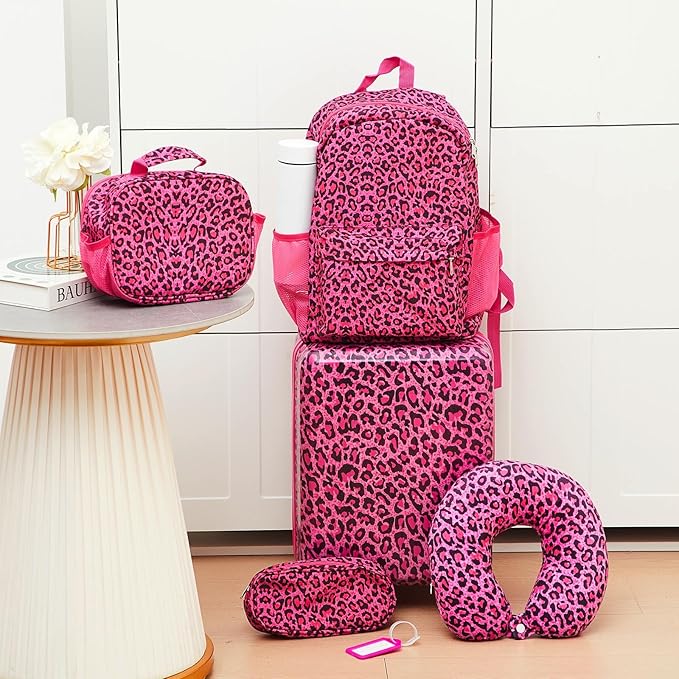 Redbaker 6 Pcs Kids Luggage Set 17 Inch Kids Rolling Luggage Double Pattern Suitcase for Girls Boys School Gift(Hot Pink,Leopard Print Style)