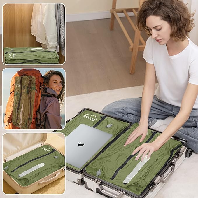 ONTYZZ Three Pack Green TPU Vacuum Bag for Travel Reusable Compression Bag with IPX8 Waterproof Zipper Durable Space Saver Bag，Large with Air pump