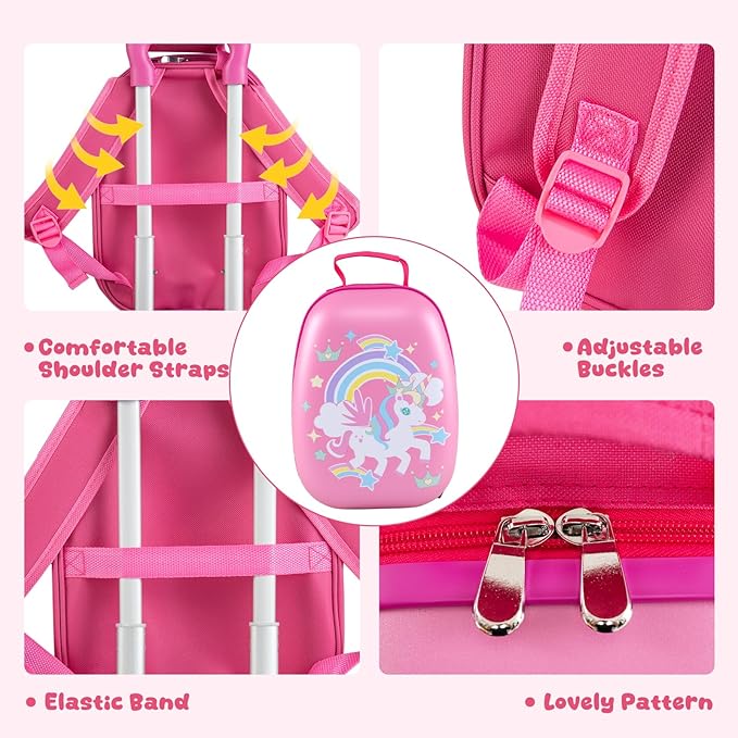 KOTEK Kids Carry On Luggage Set, 16" Hardside Rolling Suitcase with Spinner Wheels, Travel Rolling Luggage for Boys Girls (Rose Unicorn)