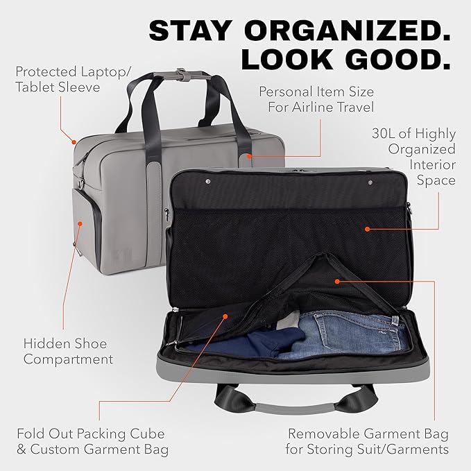 The FTL Pro Mens Travel Bag - 30L Premium Work to Gym Weekender Duffel with Garment Bag, Shoe Space & 18" Laptop Sleeve - Organized Athletic Business Carry On Hybrid, Fits Under Airplane Seat - Grey