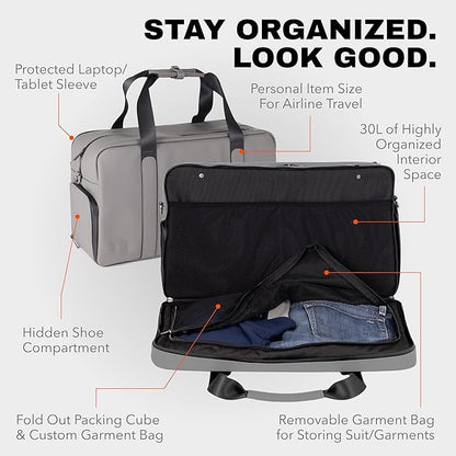 The FTL Pro Mens Travel Bag - 30L Premium Work to Gym Weekender Duffel with Garment Bag, Shoe Space & 18" Laptop Sleeve - Organized Athletic Business Carry On Hybrid, Fits Under Airplane Seat - Grey
