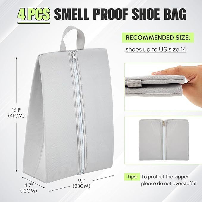 Leinuosen 4 Pack Smell Proof Shoe Cleat Bag for Travel Water Resistant Odor Absorbing Lightweight Golf Soccer Shoe Storage Organizer Pouch with Zipper for Gym Sports Work Men Women (Gray)