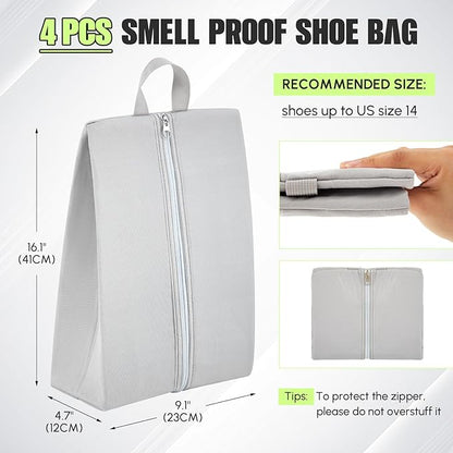 Leinuosen 4 Pack Smell Proof Shoe Cleat Bag for Travel Water Resistant Odor Absorbing Lightweight Golf Soccer Shoe Storage Organizer Pouch with Zipper for Gym Sports Work Men Women (Gray)