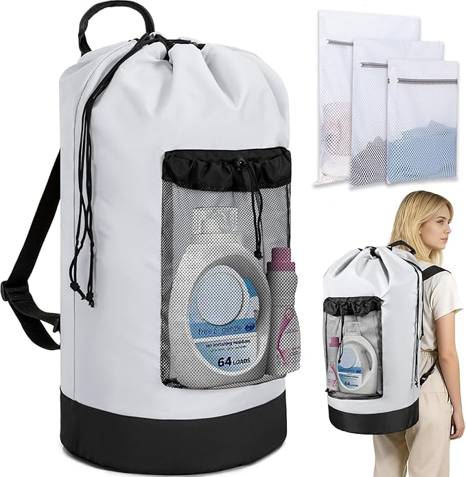Laundry Bag Backpack with 3 Sizes Mesh Wash Bags and Shoulder Straps Foldable Clothes Hamper Bag with Drawstring Closure for College, Apartment, Laundromat (White)
