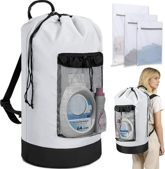 Laundry Bag Backpack with 3 Sizes Mesh Wash Bags and Shoulder Straps Foldable Clothes Hamper Bag with Drawstring Closure for College, Apartment, Laundromat (White)