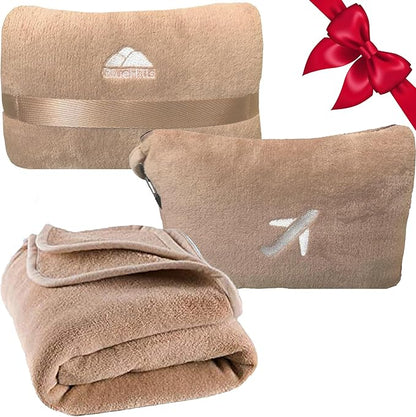 BlueHills Travel Blanket Pillow in Mini Soft Case Premium Plush Airplane Blanket Compact Luggage Belt and Backpack Clip Warm Plane Pillows Traveling Gifts Packable - Beige M06