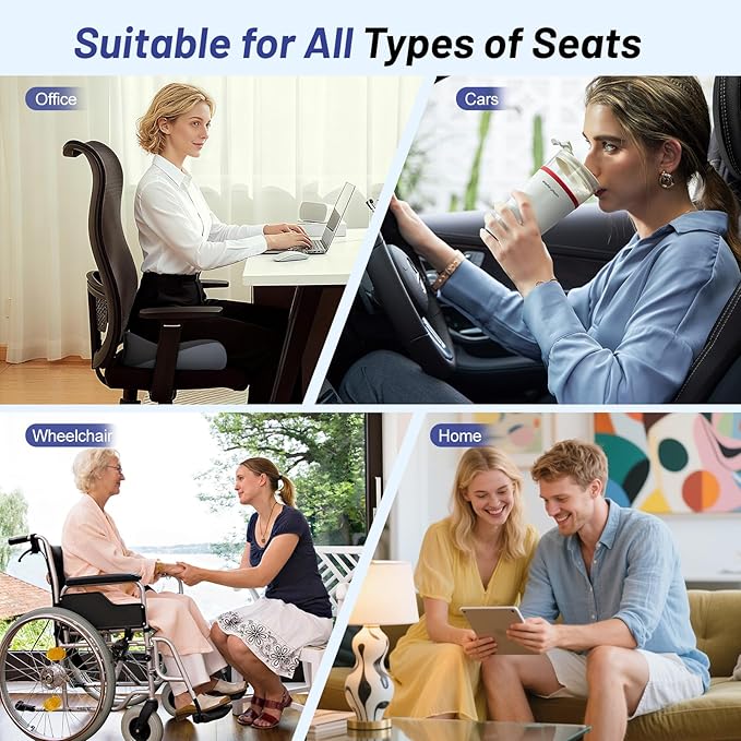 Ergonomic Seat Cushion for Office Chair, Extra Large Car Seat Cushion, Memory Foam Chair Cushion for Tailbone Pain Relief & Pressure Relief Sciatica and Back Support for Long Sitting (Blue)