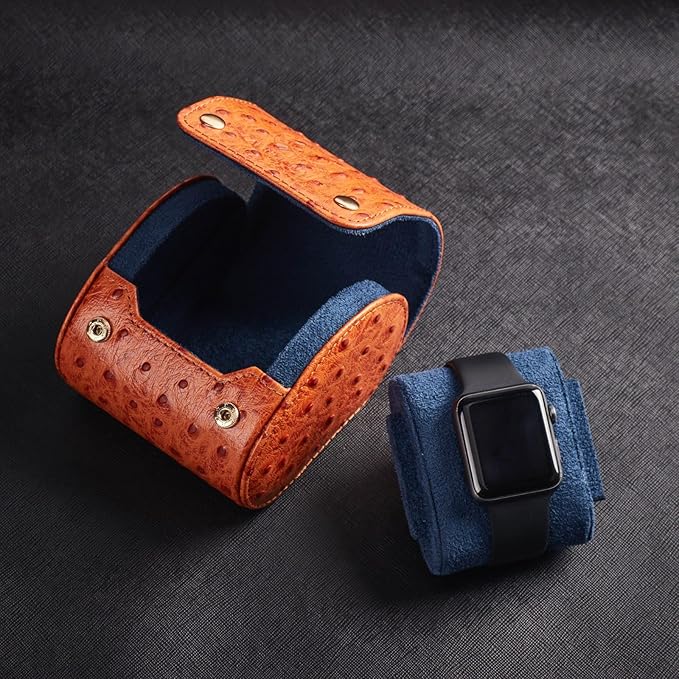 Genuine Napa Leather Watch Roll Travel Case - Travel Watch Rolls and Leather Watch Display Cases with Velvet Interior - Watch Storage Organizer Men's By CALIBERWATCH (Cognac - Single)