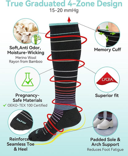 HAPIU Merino Wool Easy On Compression Socks for Women & Men, 15-20 mmHg, Plus Size Knee High Stocking for Nurses, Pregnancy, Travel, Flight, Medias de Compresión Mujer