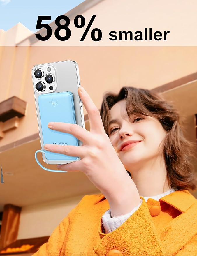 miisso Ultra Slim 10000mAh Power Bank Built-in Cables and Foldable AC Wall Plug, Pocket Size USB C Portable Charger, External Battery Pack Compatible with iPhone Samsung iPad etc, Blue