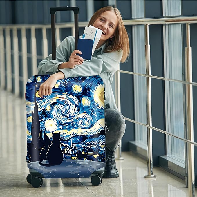 Suitcase Cover for Luggage 25-28 Inch, Washable Elastic Anti-Scratch Luggage Protector, Durable Zipper Baggage Cover with Handle Wrap, Travel Accessories for Suitcase, Starry Night Cat