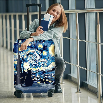 Suitcase Cover for Luggage 25-28 Inch, Washable Elastic Anti-Scratch Luggage Protector, Durable Zipper Baggage Cover with Handle Wrap, Travel Accessories for Suitcase, Starry Night Cat