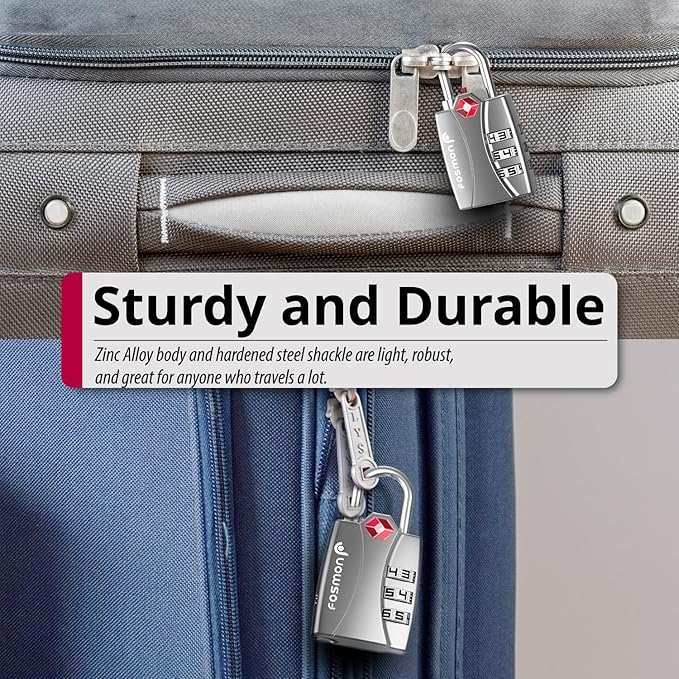 Fosmon TSA Approved Locks for Luggage. Suitcase Locks with Open Alert Indicator, 3 Digit Combination Padlock with Alloy Body for Travel, Backpack Zipper Anti Theft, Locker, Gym- Silver 2 Pack