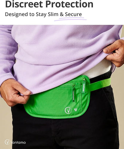 Vantamo Money Belt with RFID For Men & Women, Hidden Passport Holder for Travel, 2 Compartment Travel Fanny Pack for Women Anti Theft