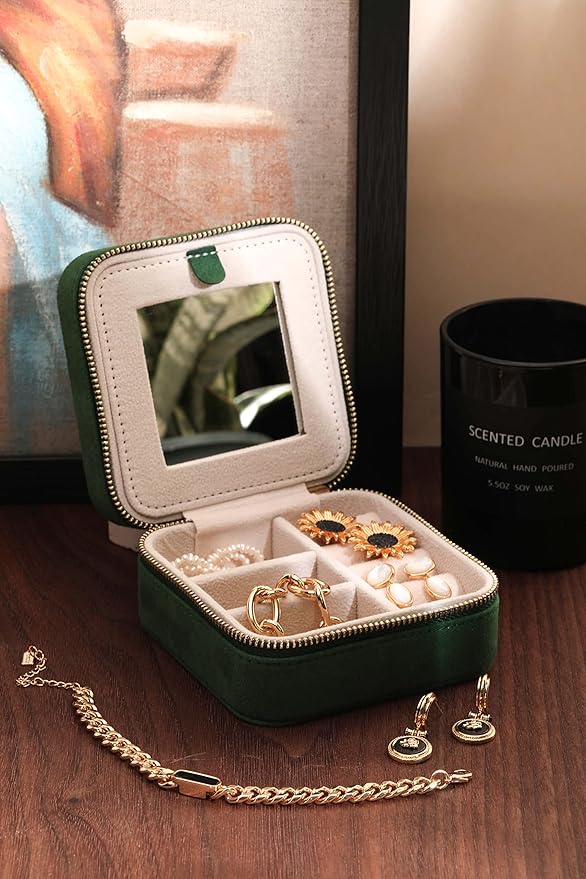 S.Leaf Travel Jewelry Organizer Boxes for Women Small Portable Necklace Earrings Bracelet Rings Travel Case Best Friend Birthday Gifts for Women Trendy (08_Suede_Touch_Emerald)